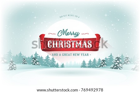 Christmas Landscape Postcard/\
Illustration of a design christmas winter snowy landscape background, with firs, snow and red banner for winter and new year holidays