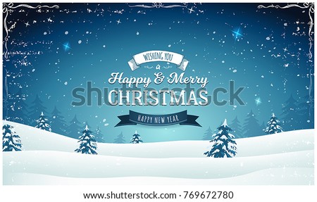 Vintage Christmas Landscape Wide Background/\
Illustration of a retro christmas wide landscape background, with firs, snow and elegant banners for winter and new year holidays