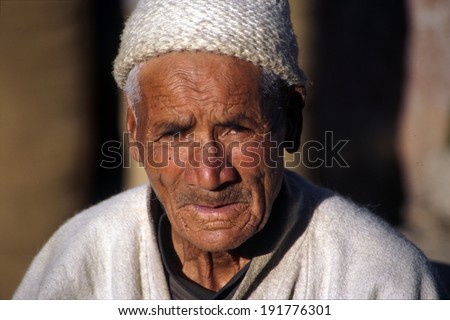 LADAKH, INDIA - JULY 2, 2006 - An aging man lives out his golden years in the farming valleys of Ladakh in the country\'s northern Himalayan region near Tibet.
