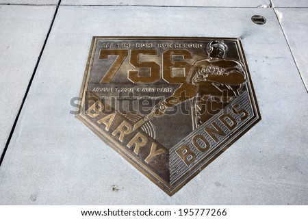 SAN FRANCISCO, CALIFORNIA -- APRIL 23, 2011 -- The numerous home run records of Barry Bonds are displayed on a boardwalk outside the home of the San Francisco Giants at AT&T Park.