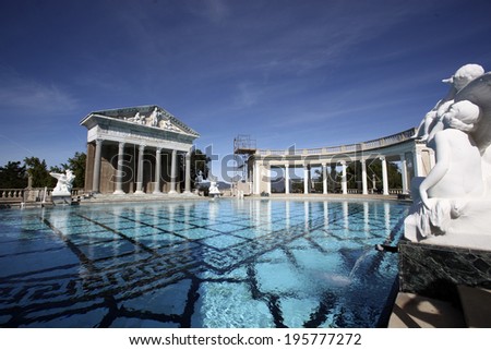SAN SIMEON, CALIFORNIA - NOVEMBER 2, 2010 - The pool of Hearst Castle, designed by architect Julia Morgan and owned by newspaper mogul William Randolph Hearst, looms high above the Pacific Ocean.
