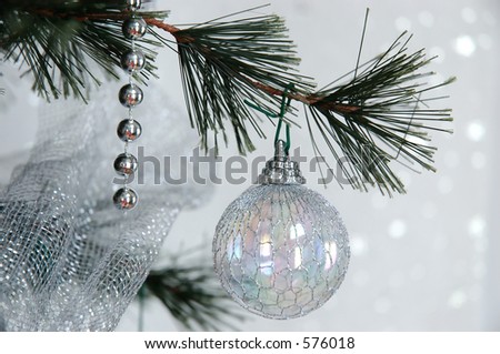 Dreaming of a White Christmas - Winter pine tree with silver holiday beads and iridescent wire covered balls hanging from the branches against a glistening, snow white background.