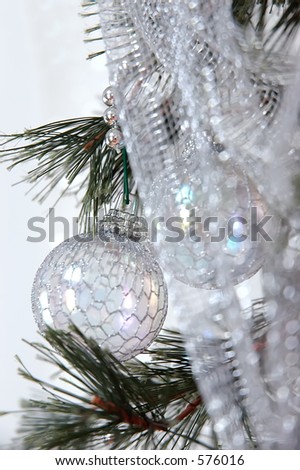 White Christmas - Winter pine tree with silver holiday beads and iridescent wire covered balls hanging from the branches against a white background.