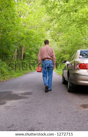 A man is lost, on a country road and has run out of  gasoline in his car.  He's walking down the road with a  gas can in his hand, his car on the side of the road with  the gas tank cap open.