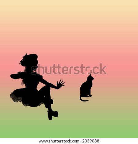 Girl and Cat - Silhouette of a girl in a lacy dress reaching out for her cat who is ignoring her. Image is my design, includes clipping path.