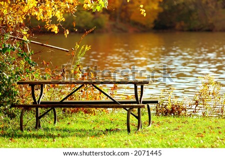 Picnic on the Water - A picnic table sits on the bank of a muddy river in autumn.
