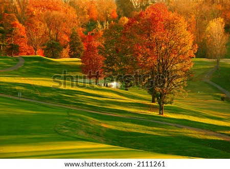 Sunset at the Golf Course - The sunset casts a brilliant glow on the red and gold foliage of the trees at a Kentucky USA golf course in Autumn.