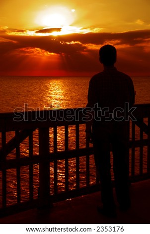 Watching the Sunset, Gulf of Mexico - A brilliant sunset over the water of the Gulf of Mexico at Ft Meyers Beach in December.