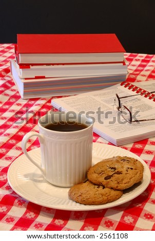 Cookies and Coffee Break - The table is set with plates of cookies and a cup of coffee for a late morning snack.
