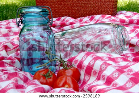 Vintage Canning Jars on Antique Table Cloth - Two blue canning jars and three ripe, red tomatoes sitting on a red and white gingham plaid table cloth out on the lawn near a picnic basket.