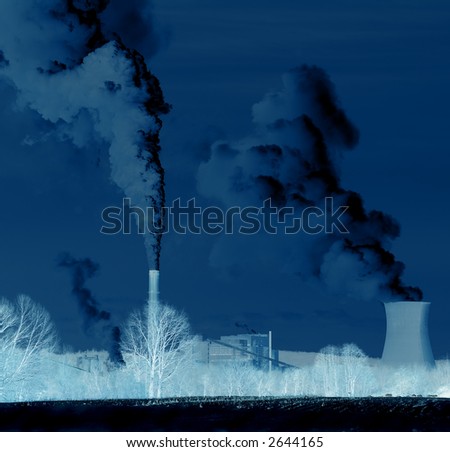 Pollution - Abuse of the environment. Image of dark pollution from factories with bare trees in the foreground.
