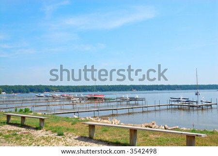 White Lake Michigan USA - Boat docks lined up along the shore of White Lake in Michigan.