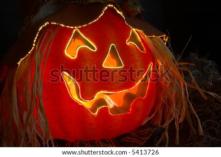 Halloween Lighted Pumpkin -  A carved jack o lantern pumpkin.