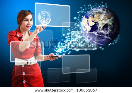 Business woman touch on window and digital world connected : Elements of this image furnished by NASA