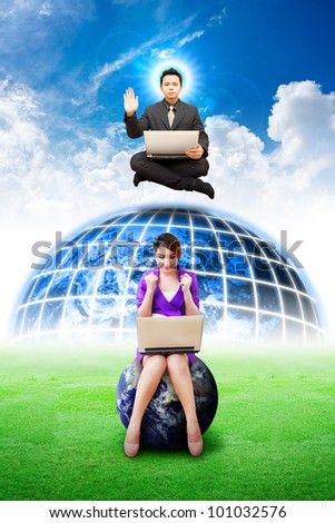 Business man from heaven to help smile lady on globe : Elements of this image furnished by NASA
