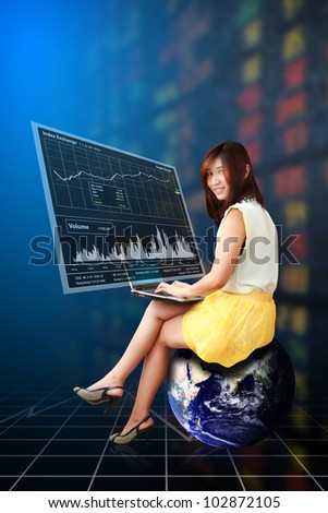 Lady on globe and Graph report : Elements of this image furnished by NASA