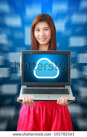 Smile lady and Cloud icon on notebook computer