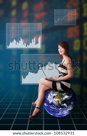 Lady on globe and graph report : Elements of this image furnished by NASA