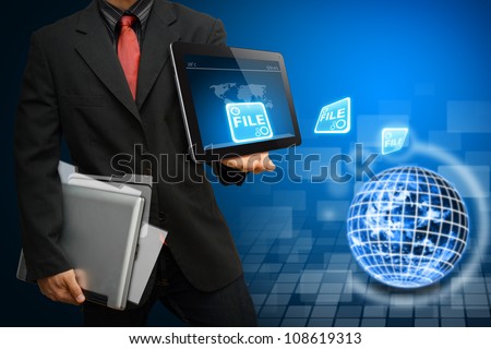 Business man got data file from digital world : Elements of this image furnished by NASA