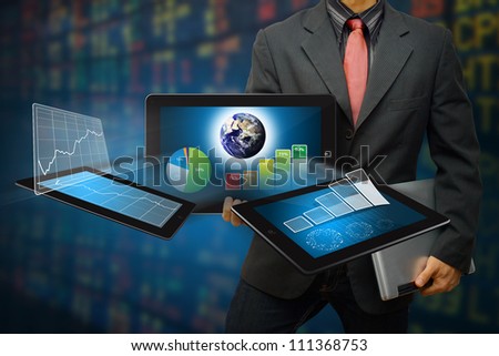 Business man and data report on digital device