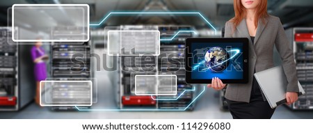 Programmer in data center room show the link to earth : Elements of this image furnished by NASA