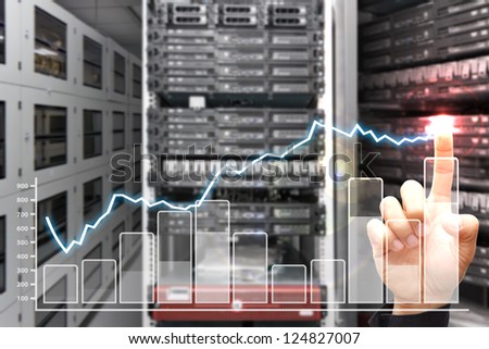 Smart hand press on graph report in data center room