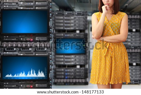 Programmer in data center room with graph report