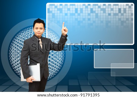 Business man look at notebook computer and digital screen background