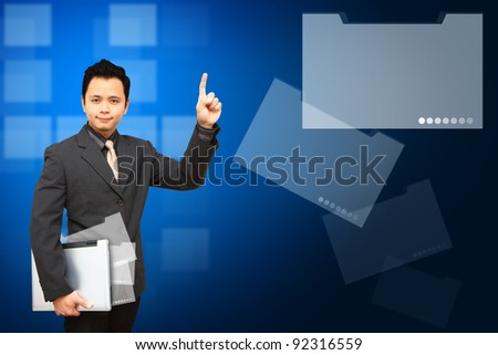 Business man point to digital screen file folder background