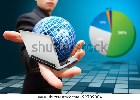 Globe on notebook computer and  present the pie chart