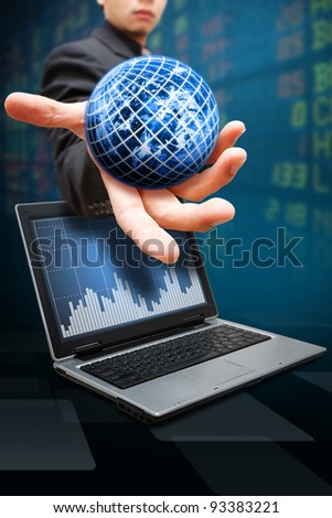 Business man hold digital world and stock exchange graph report
