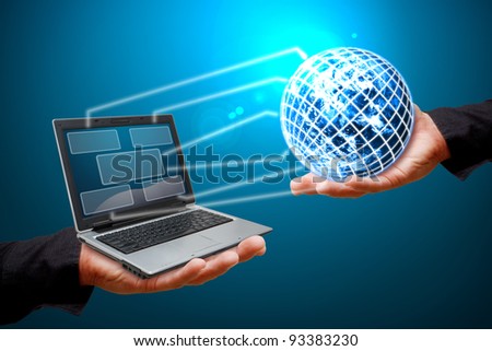 Business man hold tablet computer and windows connect to globe