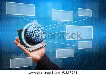 Globe on smart hand and send the windows out from notebook computer