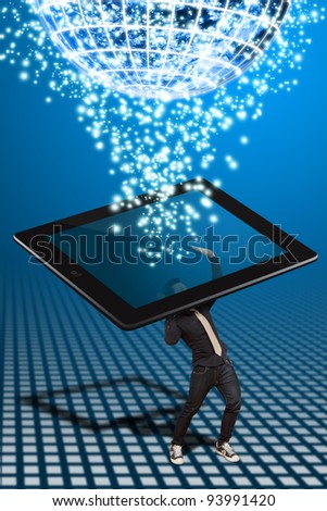 Business man hold the tablet pc and connect to globe