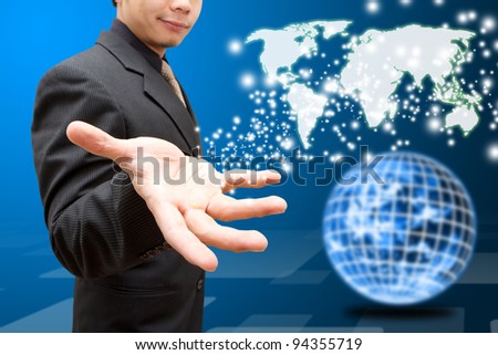 Business man give the world map to Globe