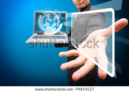 Business man hold note book computer and grab the windows