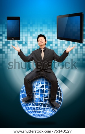 Business man on globe and select the digital device