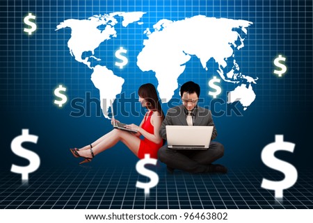 Woman and Business man on world map background