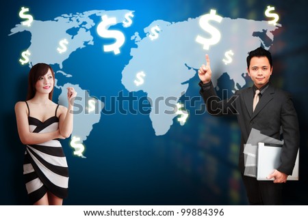 Business man and woman present the money profit on world map background