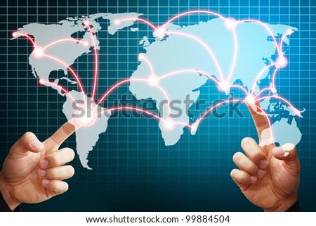 Two hands touch on world map data link