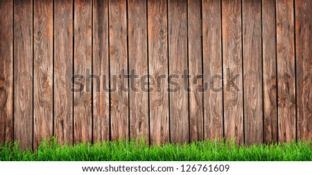 green grass over wood fence background