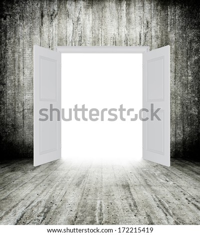 Conceptual image of white opened door. Perspective. Future
