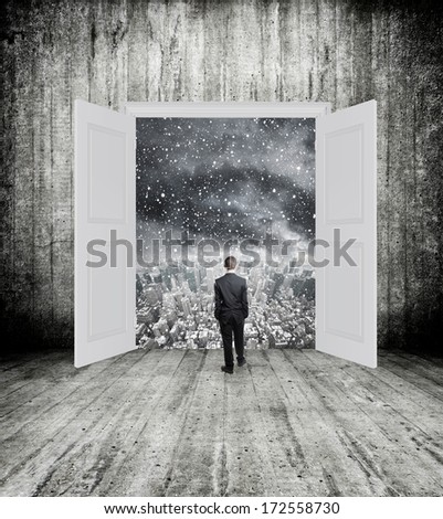 Conceptual image of white opened door with businessman and city. Perspective. Future