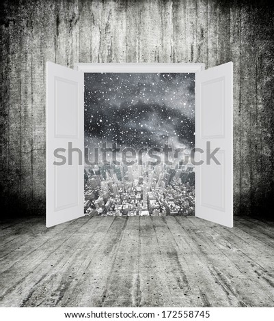 Conceptual image of white opened door city. Perspective. Future