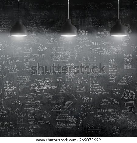 room with pendant lamp and business idea concept on wall blackboard