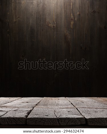 dark wooden background texture. Wood shelf, grunge industrial interior with light bulb