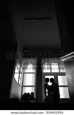 Silhouette of a couple hugging indoors