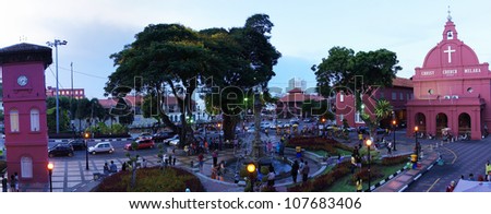 Panaromic view of Christ Church at sunset. Christ Church is in the main square adjacent to Stadthuys, Melaka, Malaysia.