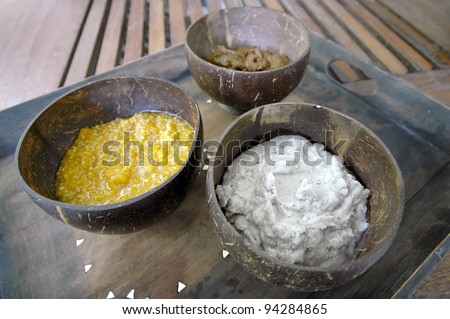 Various herbs and spices used in spa treatment in shallow depth of field.