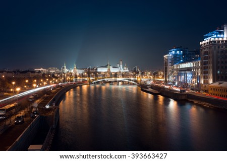 Night view on Moscow Kremlin, Moscow river, embankment and car traffic lights from Patriarchal bridge, Moscow 2015